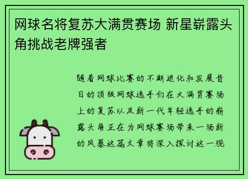 网球名将复苏大满贯赛场 新星崭露头角挑战老牌强者 网球名将复苏大满贯赛场 新星崭露头角挑战老牌强者